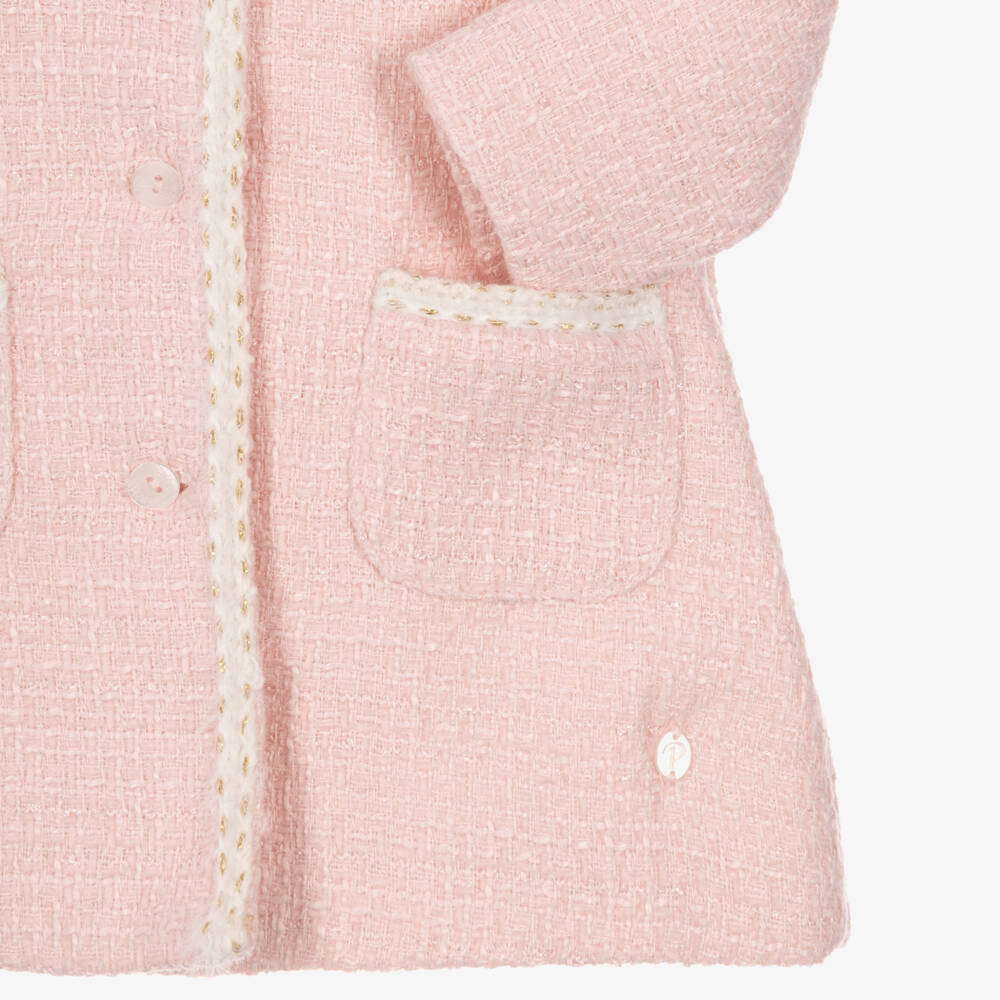 Patachou-Girls Pink Tweed Coat with Faux Fur Collar | Childrensalon