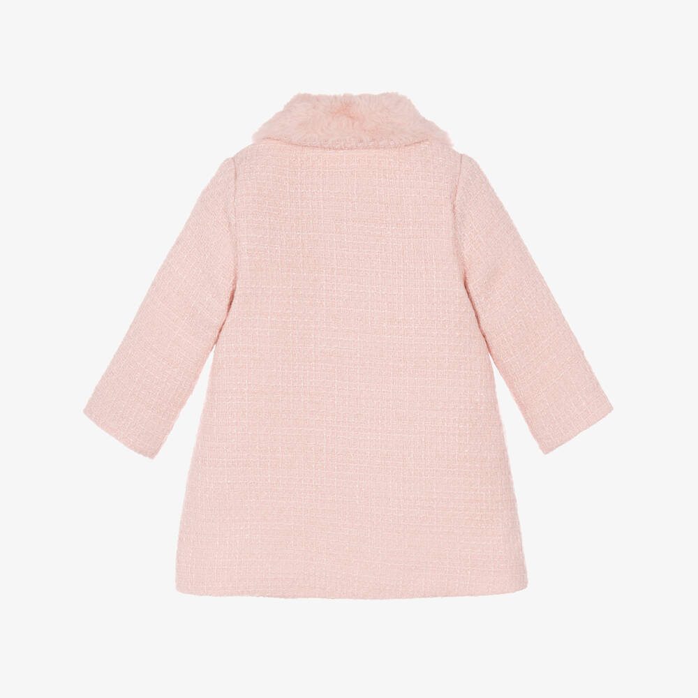 Patachou-Girls Pink Tweed Coat with Faux Fur Collar | Childrensalon