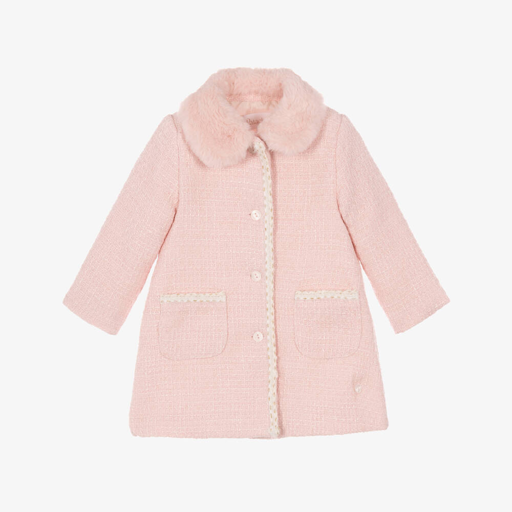 Patachou-Girls Pink Tweed Coat with Faux Fur Collar | Childrensalon