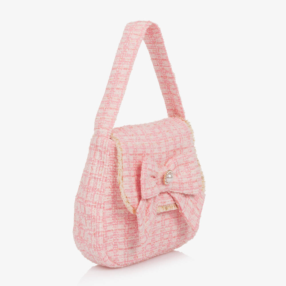 Patachou-Girls Pink Tweed Handbag with Gold Fringing (18cm) | Childrensalon