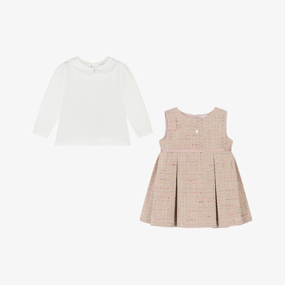 Patachou-Girls Pink Tweed Pinafore Dress Set | Childrensalon
