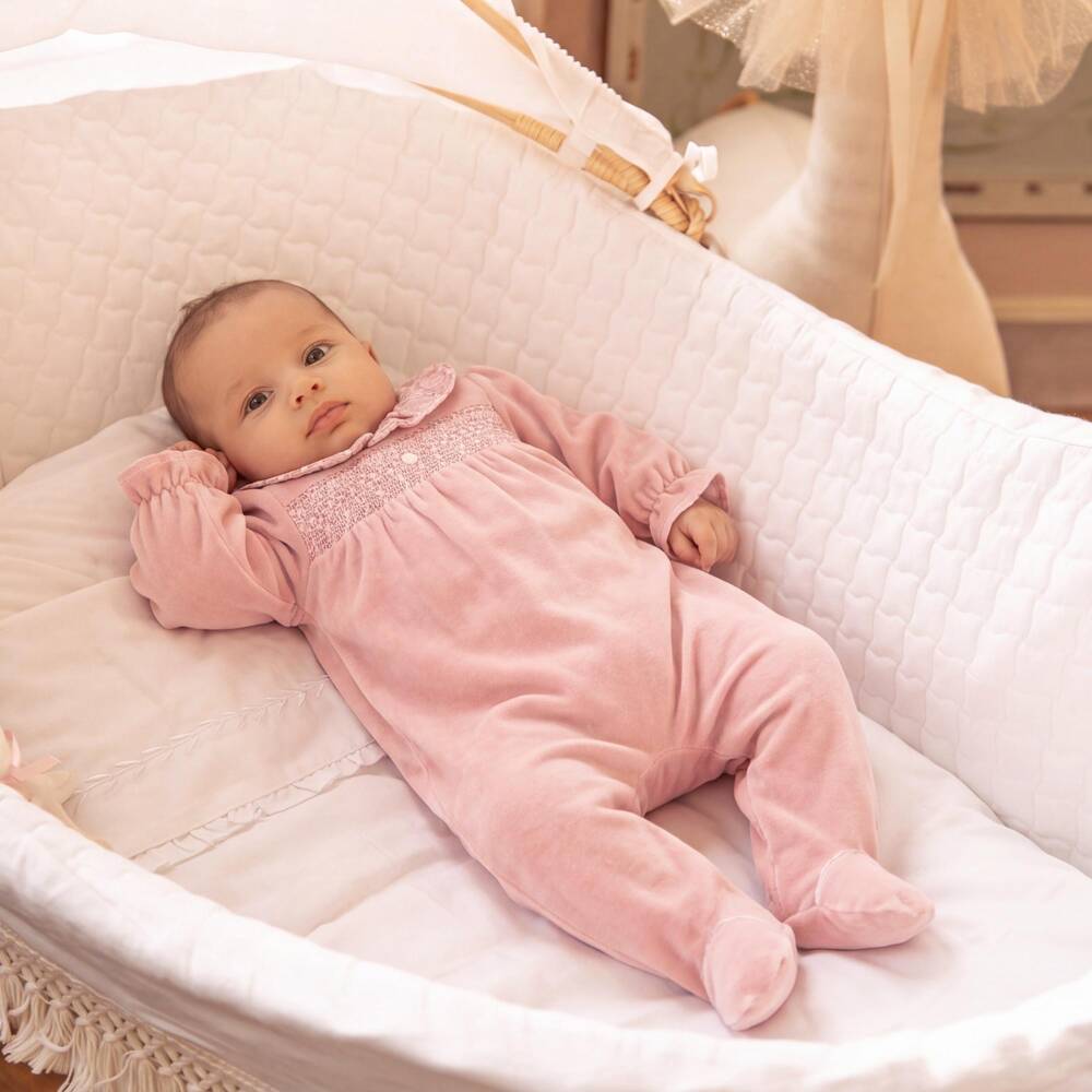 Patachou-Girls Pink Velour Babygrow with Liberty Fabric Trim | Childrensalon