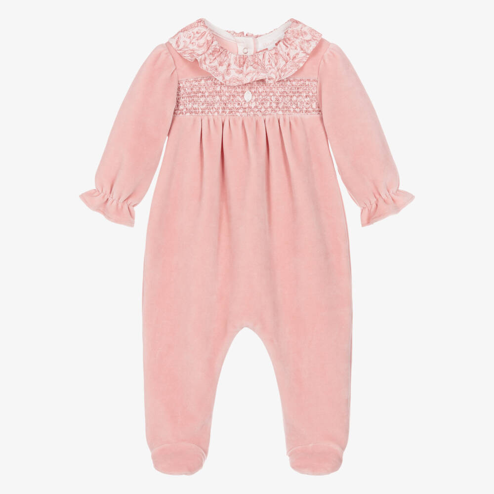 Patachou-Girls Pink Velour Babygrow with Liberty Fabric Trim | Childrensalon