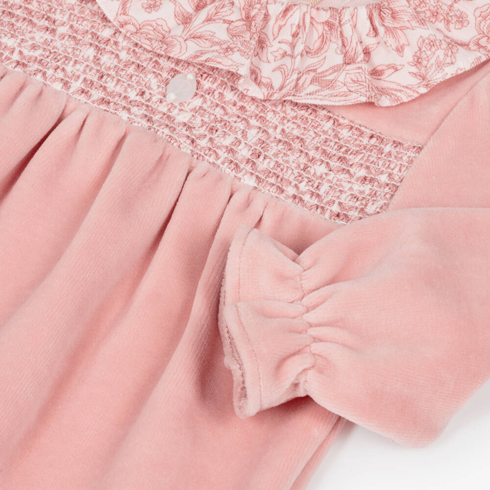 Patachou-Girls Pink Velour Babygrow with Liberty Fabric Trim | Childrensalon