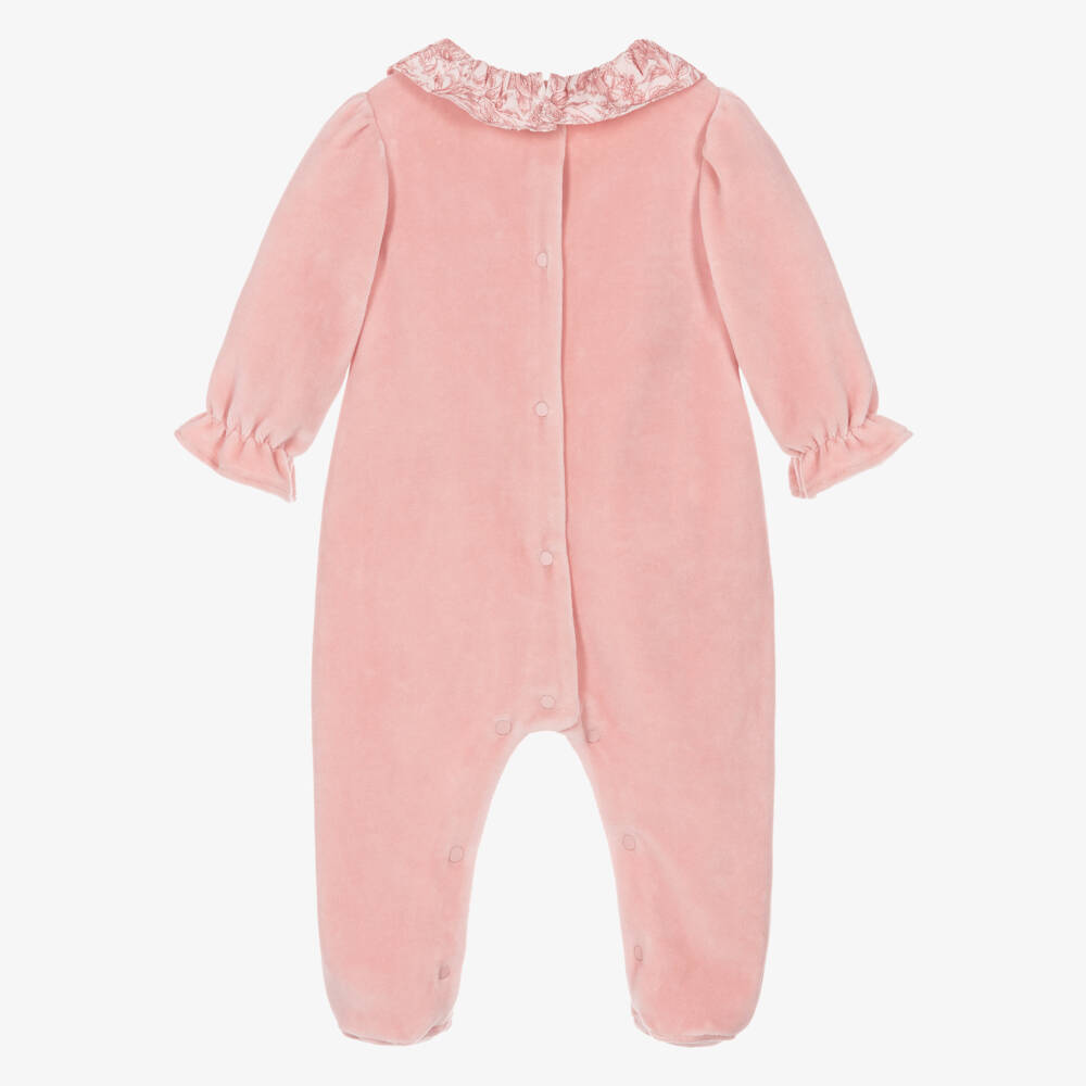 Patachou-Girls Pink Velour Babygrow with Liberty Fabric Trim | Childrensalon