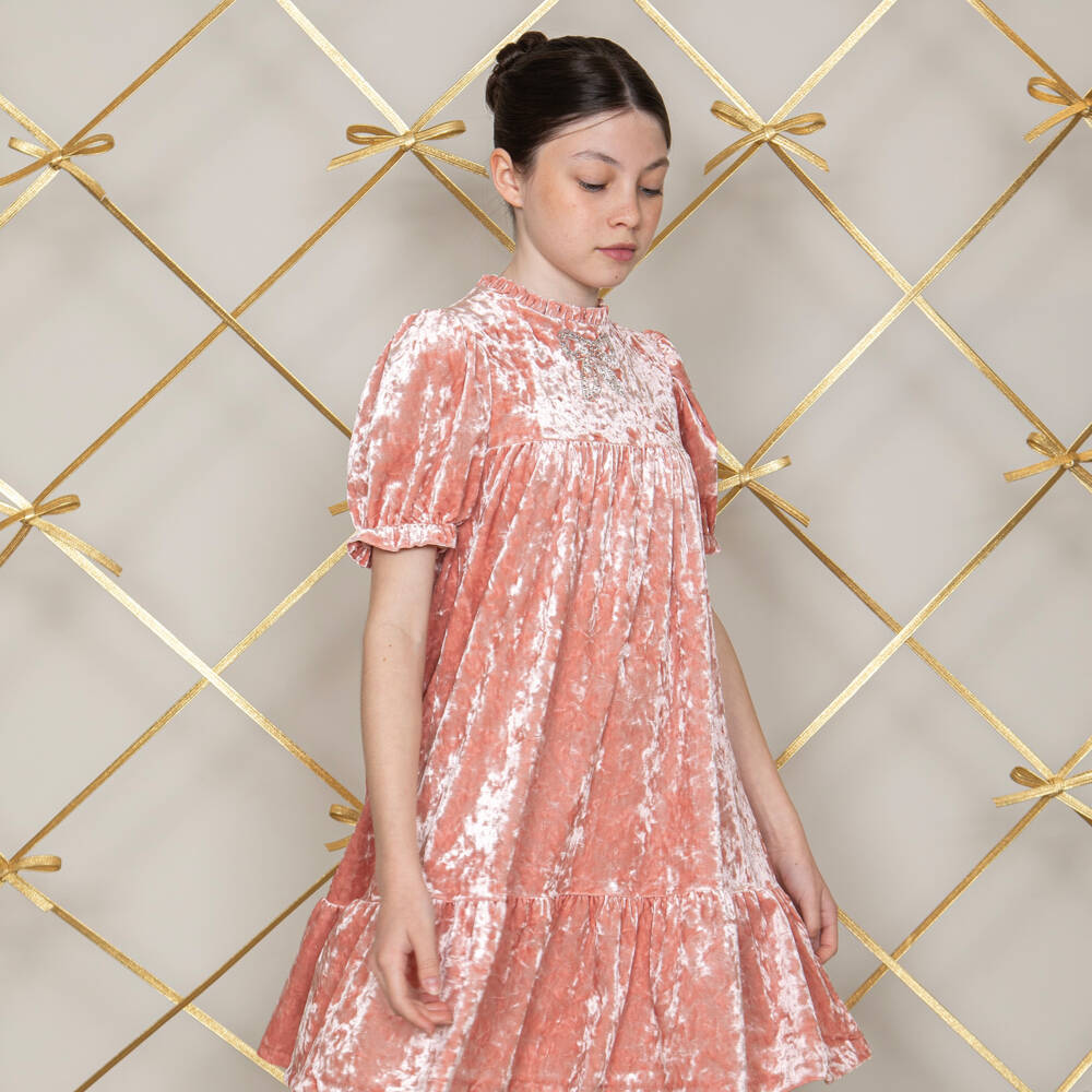 Patachou-فستان قطيفة مزين بفيونكة لون زهري | Childrensalon