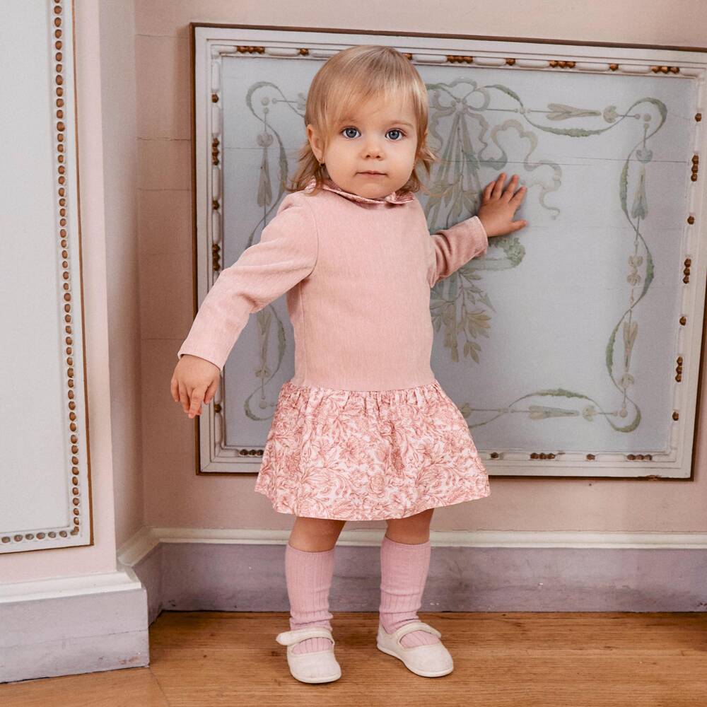 Patachou-Girls Pink Velour Dress with Liberty Print Skirt | Childrensalon