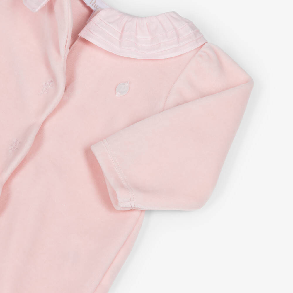 Patachou-Girls Pink Velour Ruffle Collar Babygrow | Childrensalon