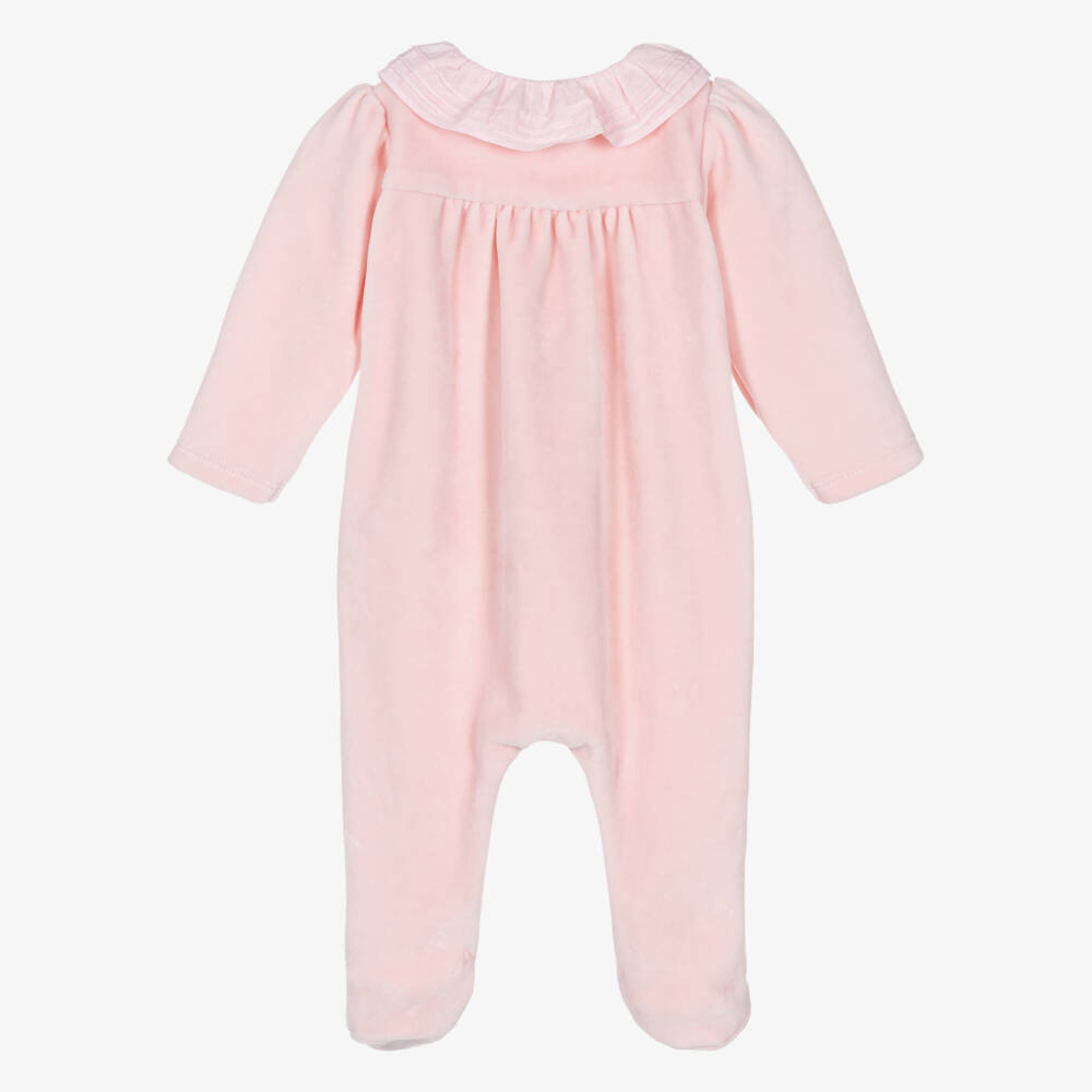 Patachou-Girls Pink Velour Ruffle Collar Babygrow | Childrensalon