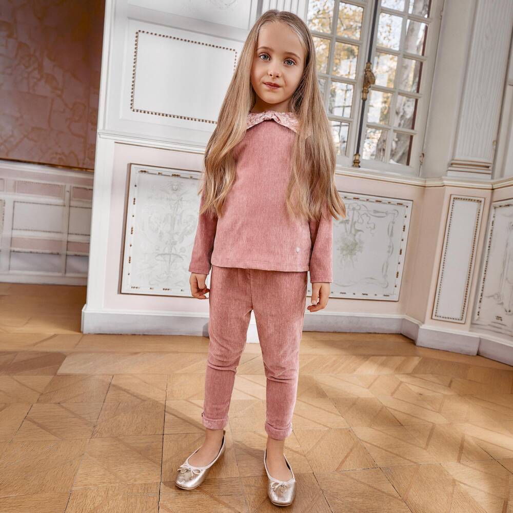 Patachou-Girls Pink Velour Trouser Set with Liberty Print Collar | Childrensalon