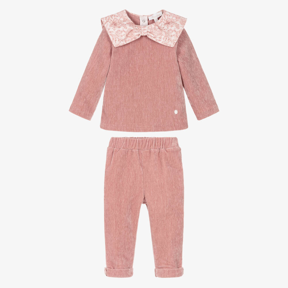 Patachou-Girls Pink Velour Trouser Set with Liberty Print Collar | Childrensalon