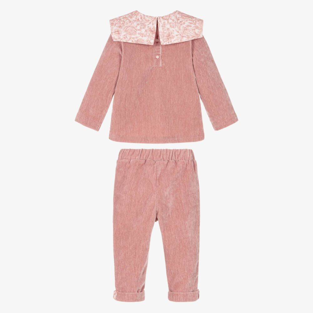 Patachou-Girls Pink Velour Trouser Set with Liberty Print Collar | Childrensalon