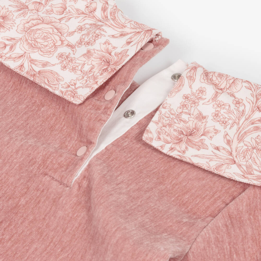 Patachou-Girls Pink Velour Trouser Set with Liberty Print Collar | Childrensalon