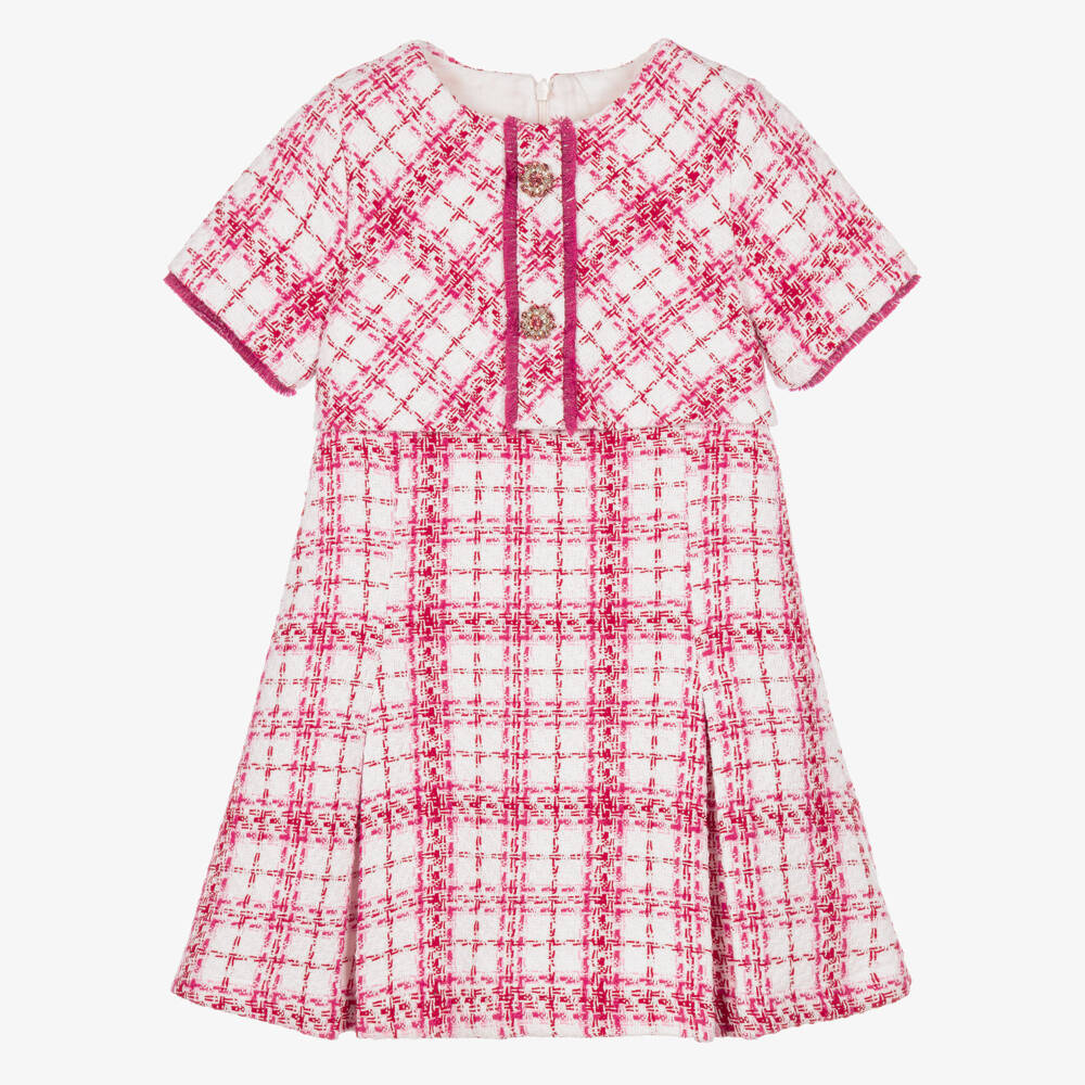 Patachou-Girls Pink & White Check Tweed Dress | Childrensalon