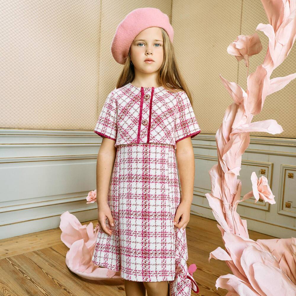 Patachou-Girls Pink & White Check Tweed Dress | Childrensalon