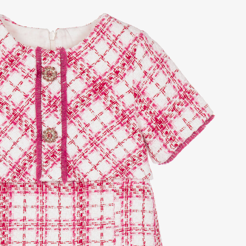 Patachou-Girls Pink & White Check Tweed Dress | Childrensalon