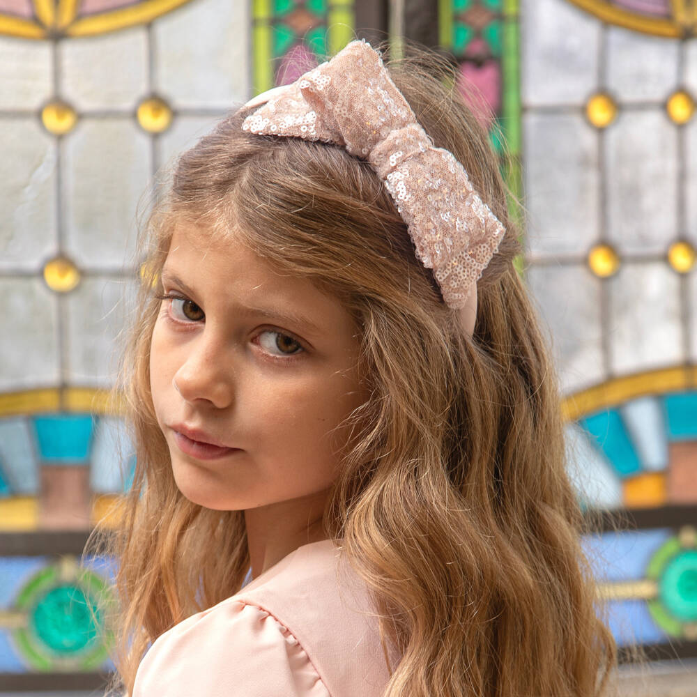 Patachou-Girls Powder Pink Sequinned Bow Hairband | Childrensalon