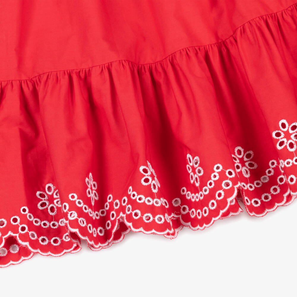 Patachou-Girls Red Cotton Dress with Floral Cut Work | Childrensalon