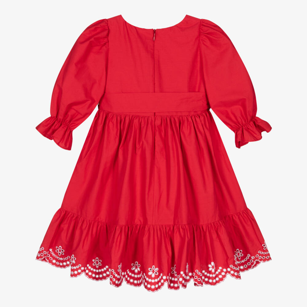 Patachou-Girls Red Cotton Dress with Floral Cut Work | Childrensalon