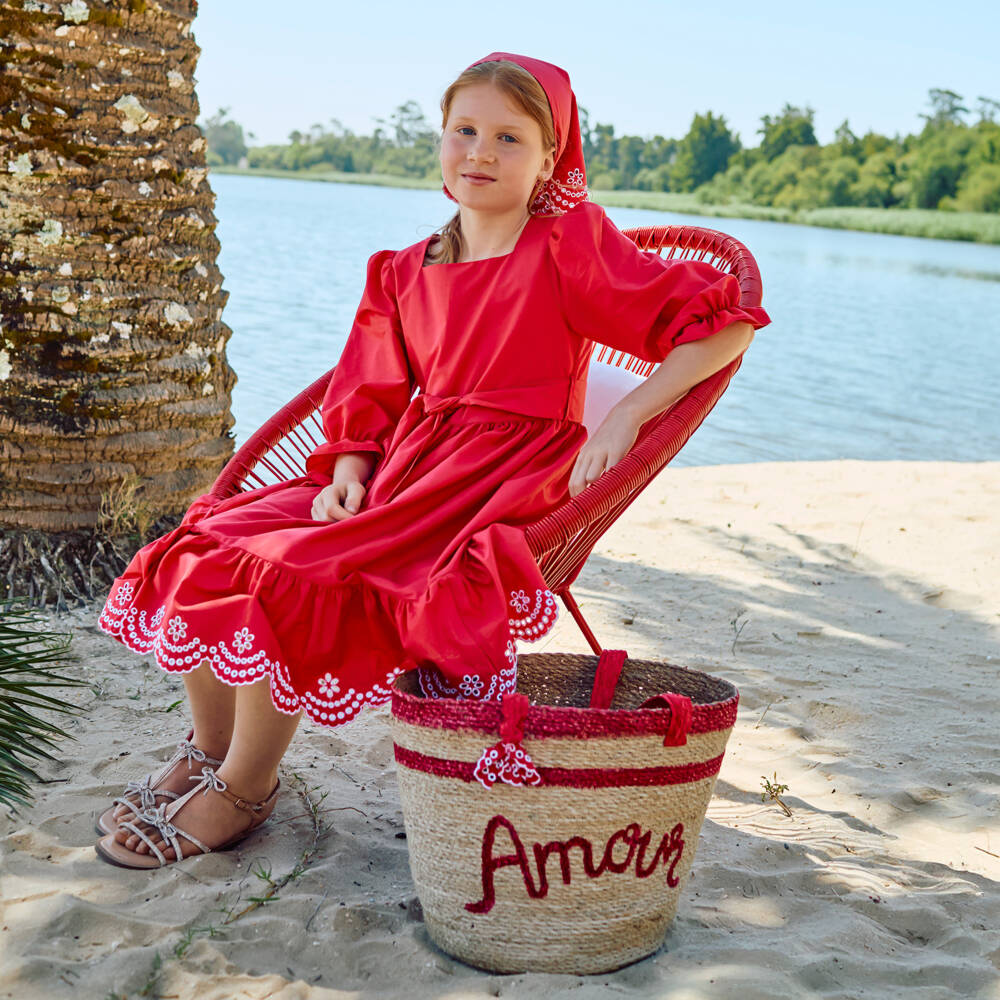 Patachou-Girls Red Cotton Dress with Floral Cut Work | Childrensalon