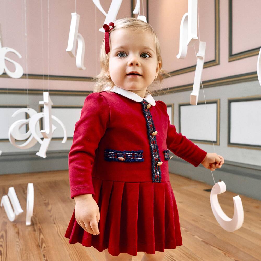 Patachou-Girls Red Cotton Jersey Dress with Tartan Trims | Childrensalon