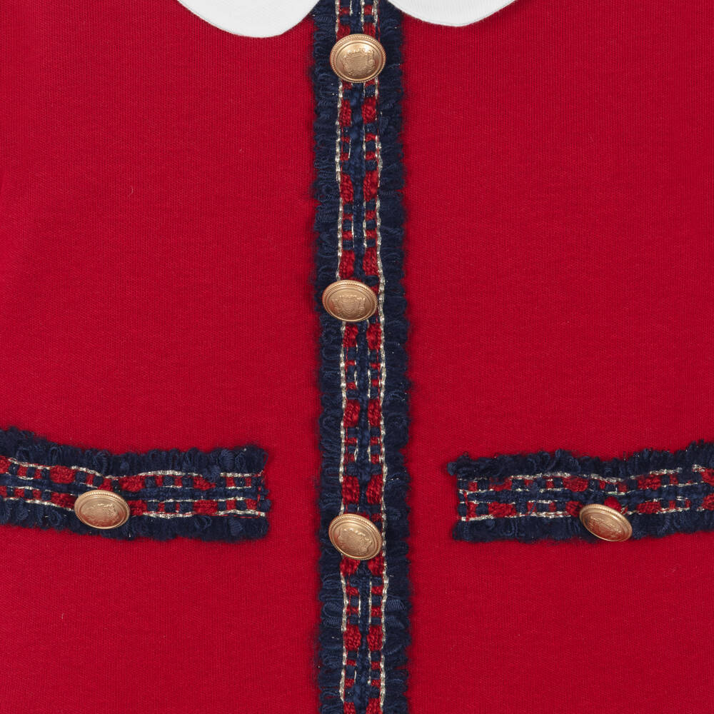 Patachou-Girls Red Cotton Jersey Dress with Tartan Trims | Childrensalon