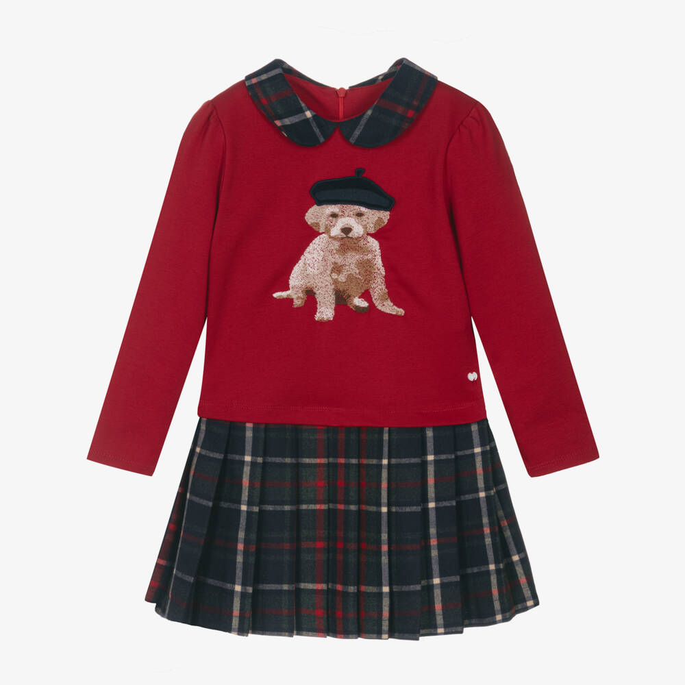 Patachou-Girls Red Cotton Jersey & Tartan Dress | Childrensalon