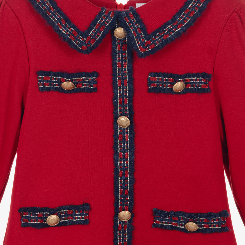 Patachou-Girls Red Cotton Jersey Tartan Trim Dress | Childrensalon