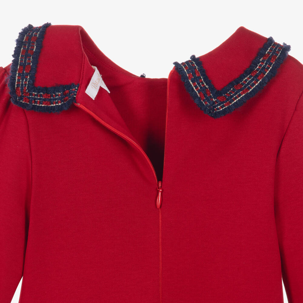 Patachou-Girls Red Cotton Jersey Tartan Trim Dress | Childrensalon