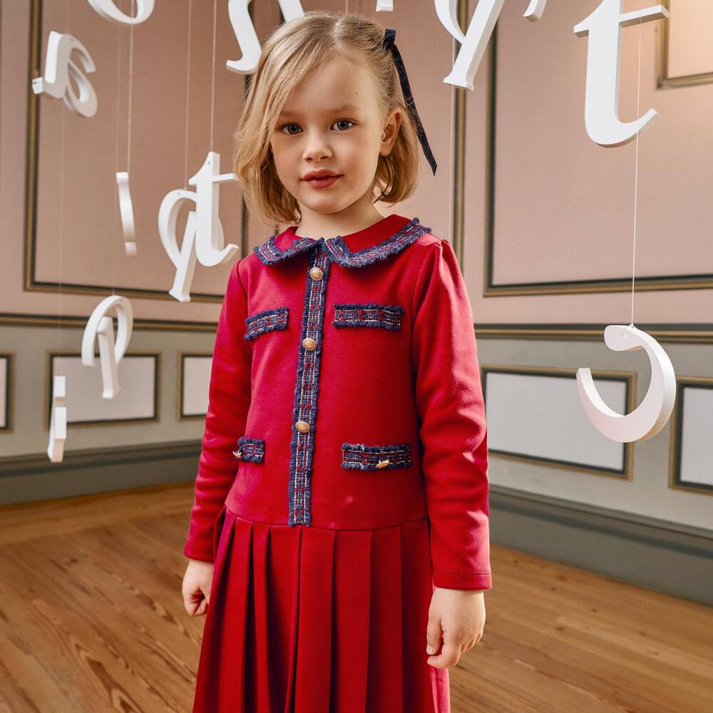 Patachou-Girls Red Cotton Jersey Tartan Trim Dress | Childrensalon