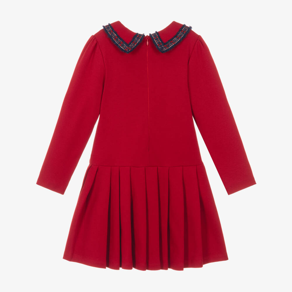 Patachou-Girls Red Cotton Jersey Tartan Trim Dress | Childrensalon