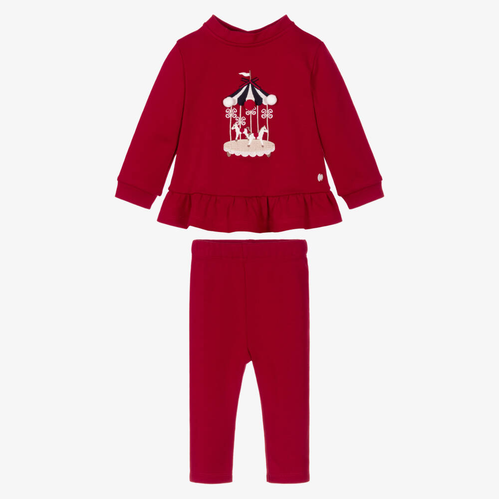 Patachou-Girls Red Cotton Leggings Set with Carousel Embroidery | Childrensalon
