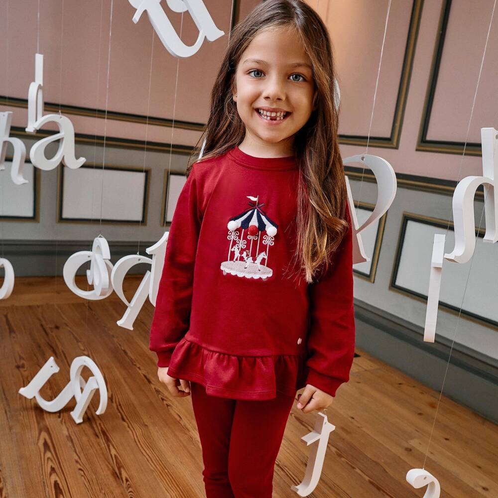 Patachou-Girls Red Cotton Leggings Set with Carousel Embroidery | Childrensalon