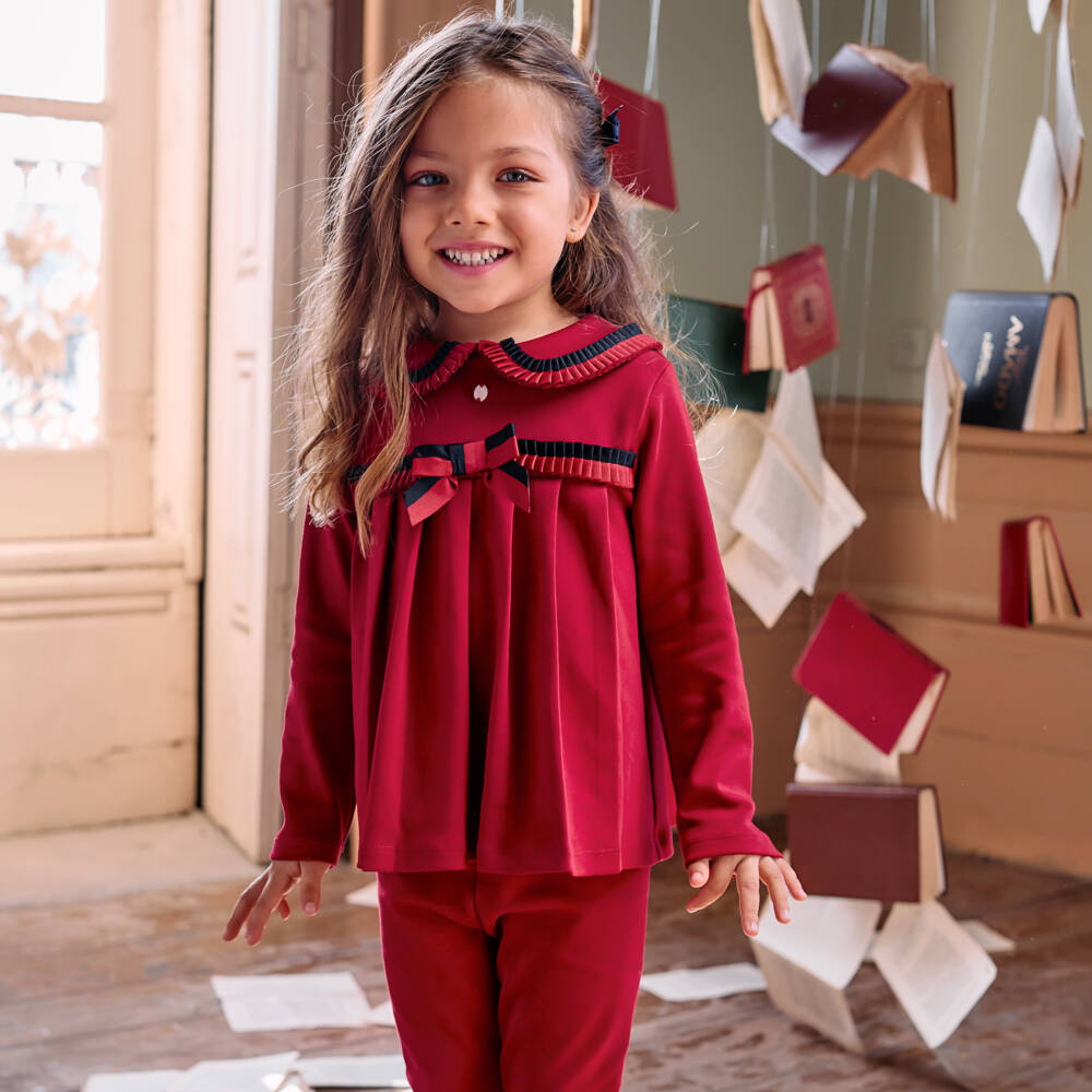 Patachou-Girls Red Cotton Leggings Set with Ribbon Trim | Childrensalon