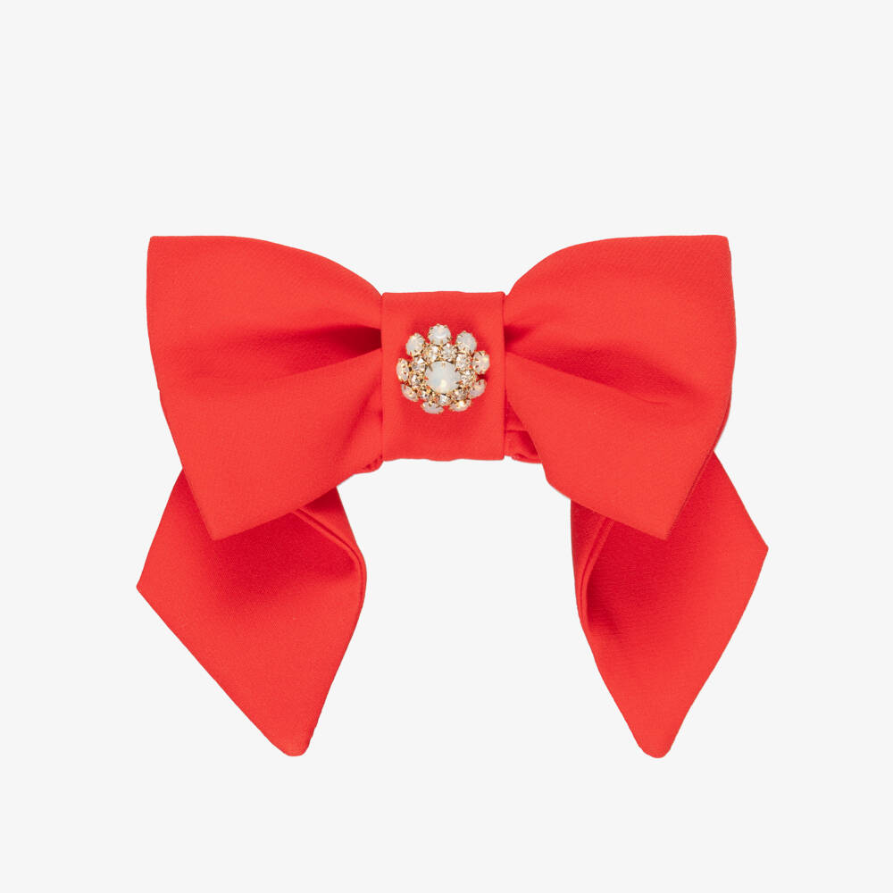 Patachou-Girls Red Crêpe Bow Hair Clip with Gemstone Flower (14cm) | Childrensalon