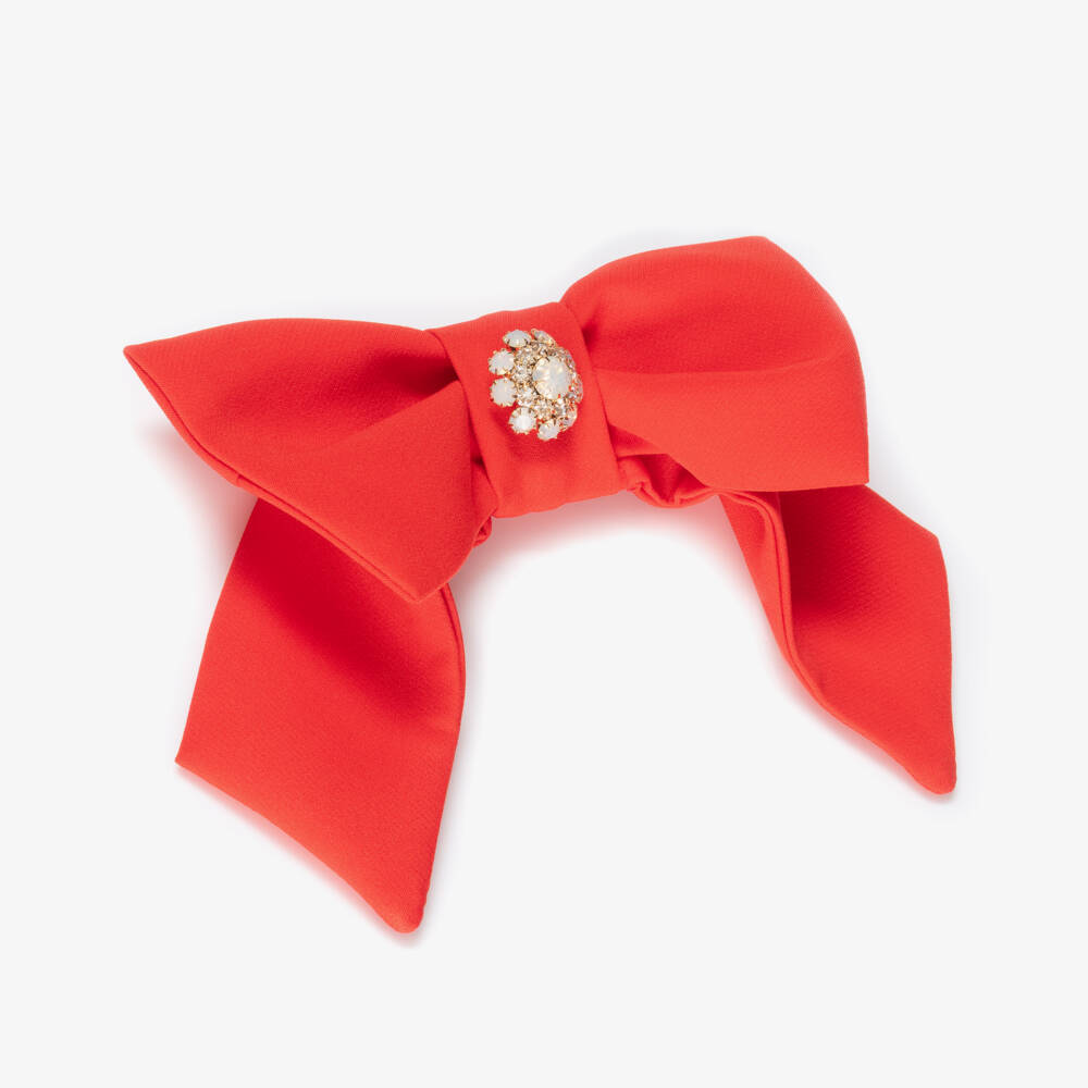 Patachou-Girls Red Crêpe Bow Hair Clip with Gemstone Flower (14cm) | Childrensalon