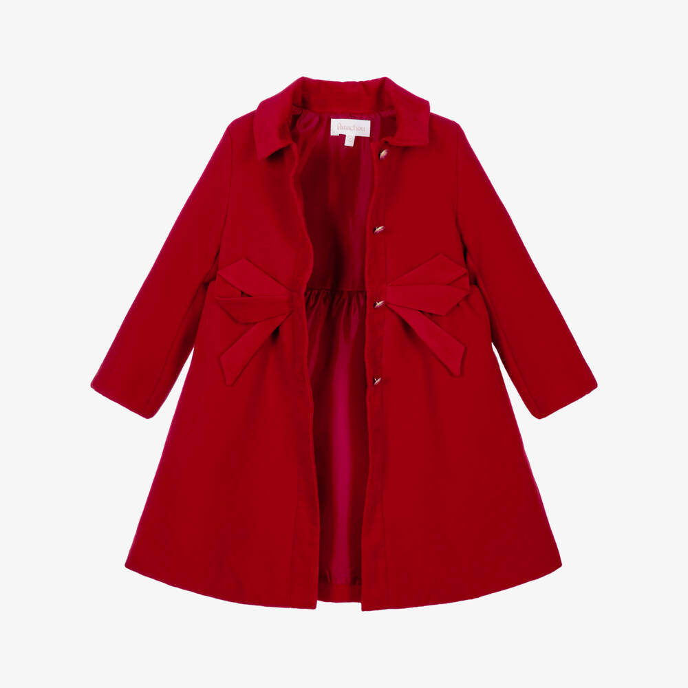Patachou-Girls Red Felted Coat with Bow & Crest Buttons | Childrensalon