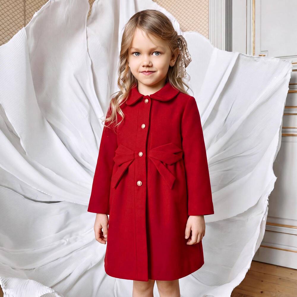 Patachou-Girls Red Felted Coat with Bow & Crest Buttons | Childrensalon