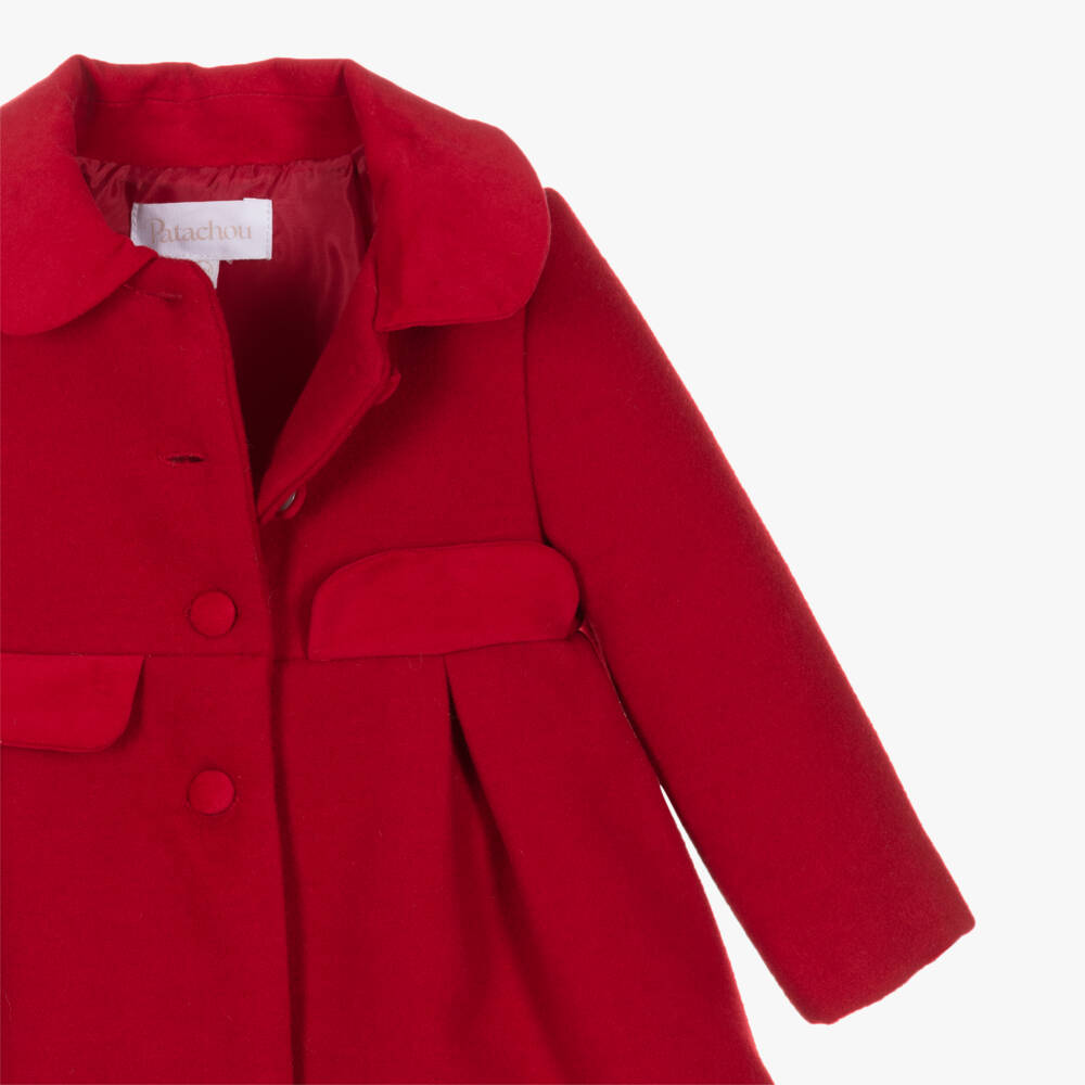 Patachou-Girls Red Felted Coat with Velvet Trims | Childrensalon