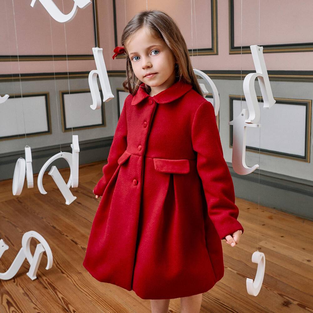Patachou-Girls Red Felted Coat with Velvet Trims | Childrensalon