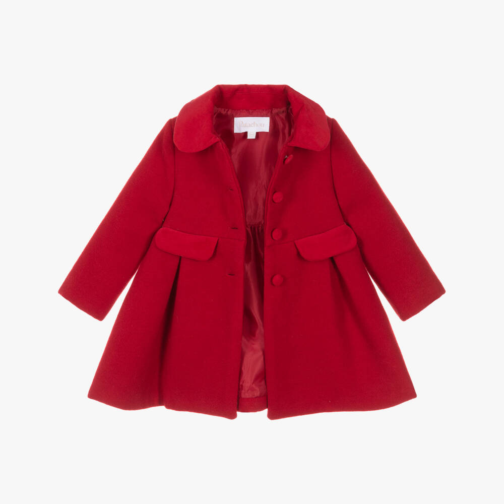 Patachou-Girls Red Felted Coat with Velvet Trims | Childrensalon