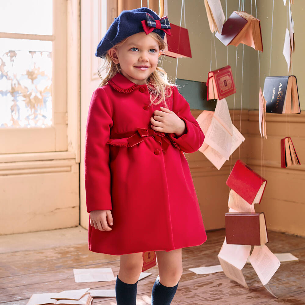 Patachou-Girls Red Felted & Velvet Ruffle Coat | Childrensalon