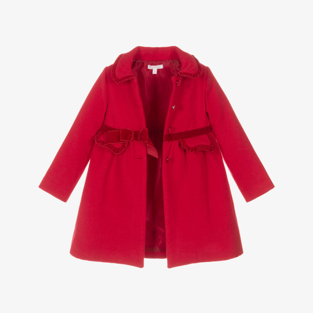 Patachou-Girls Red Felted & Velvet Ruffle Coat | Childrensalon