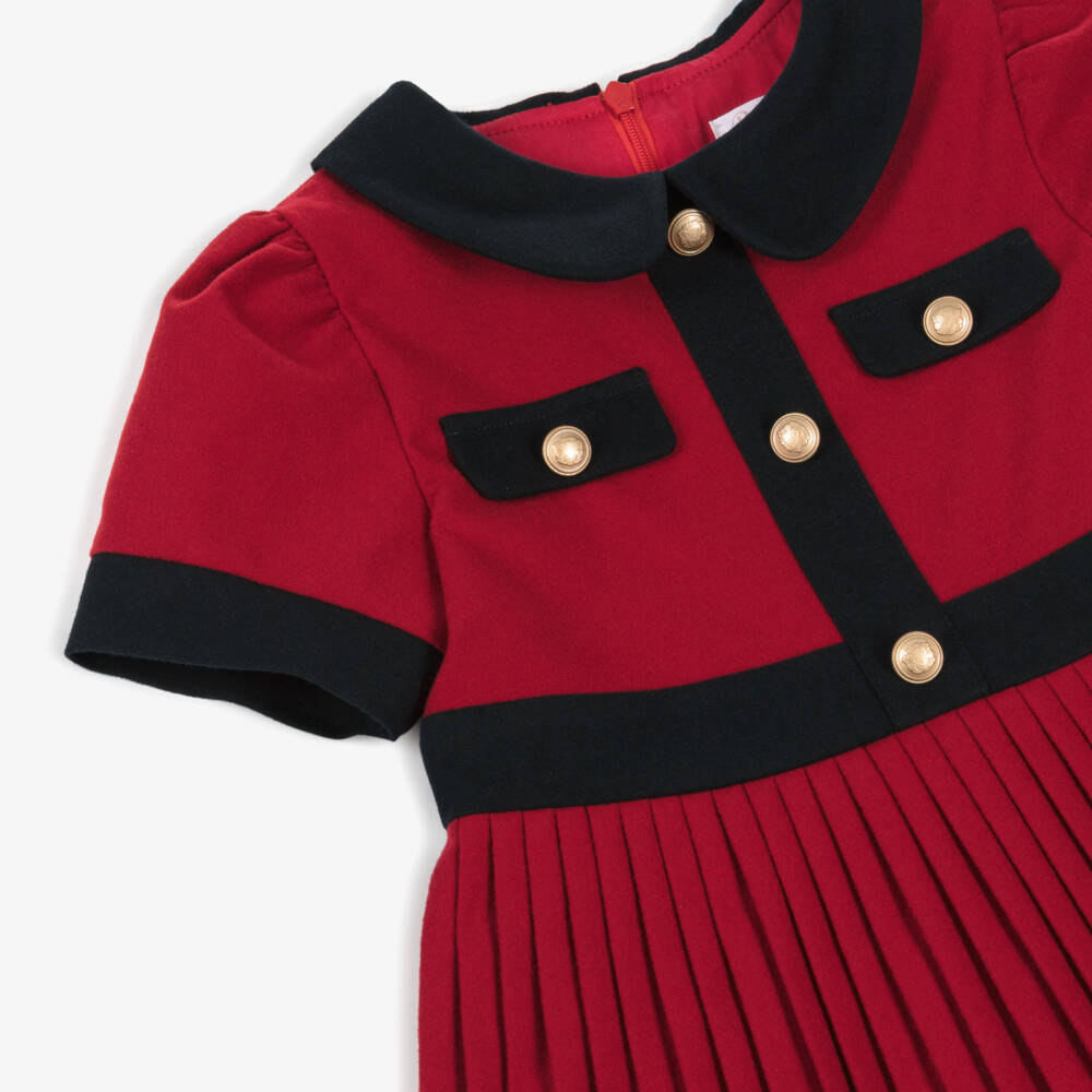 Patachou-Girls Red Flannel Dress with Navy Blue Trim | Childrensalon