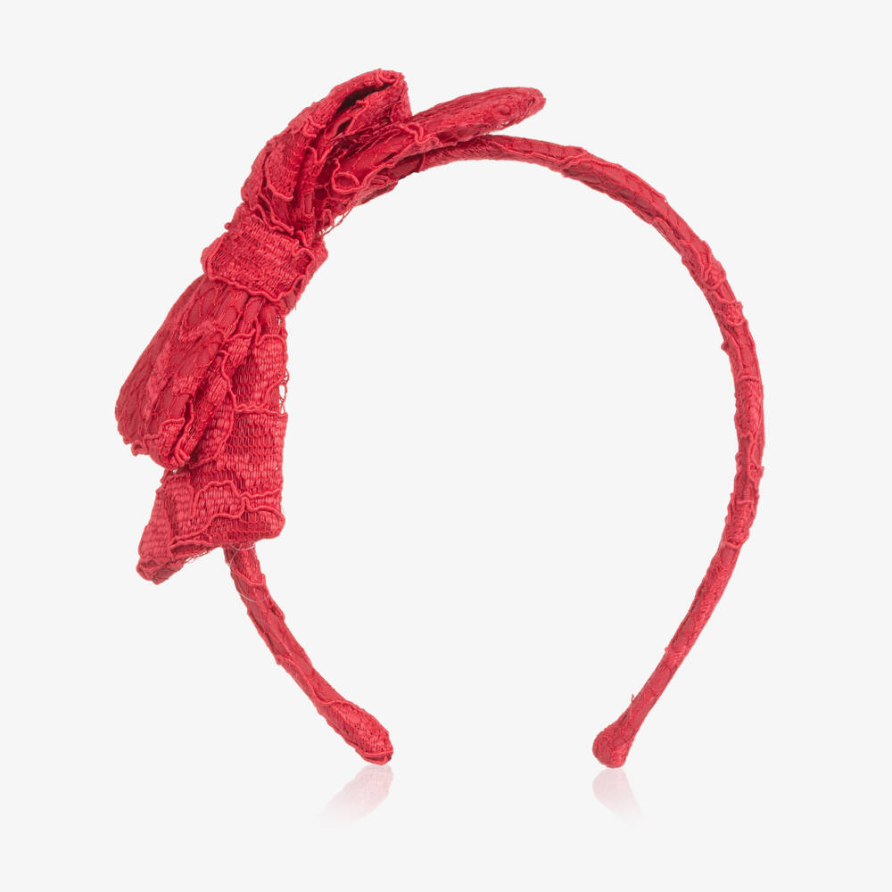 Patachou-Girls Red Hairband with Floral Lace Bow | Childrensalon