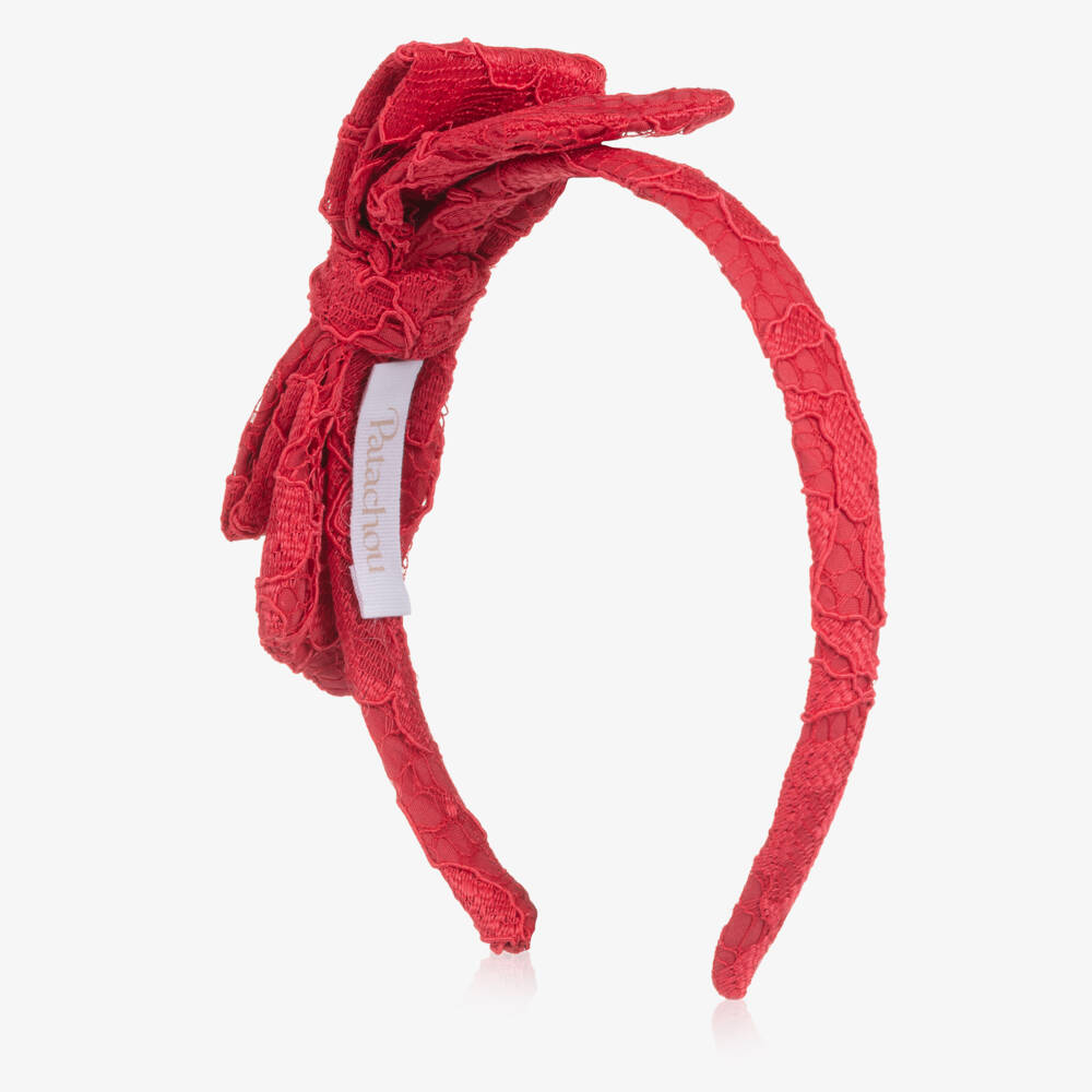 Patachou-Girls Red Hairband with Floral Lace Bow | Childrensalon