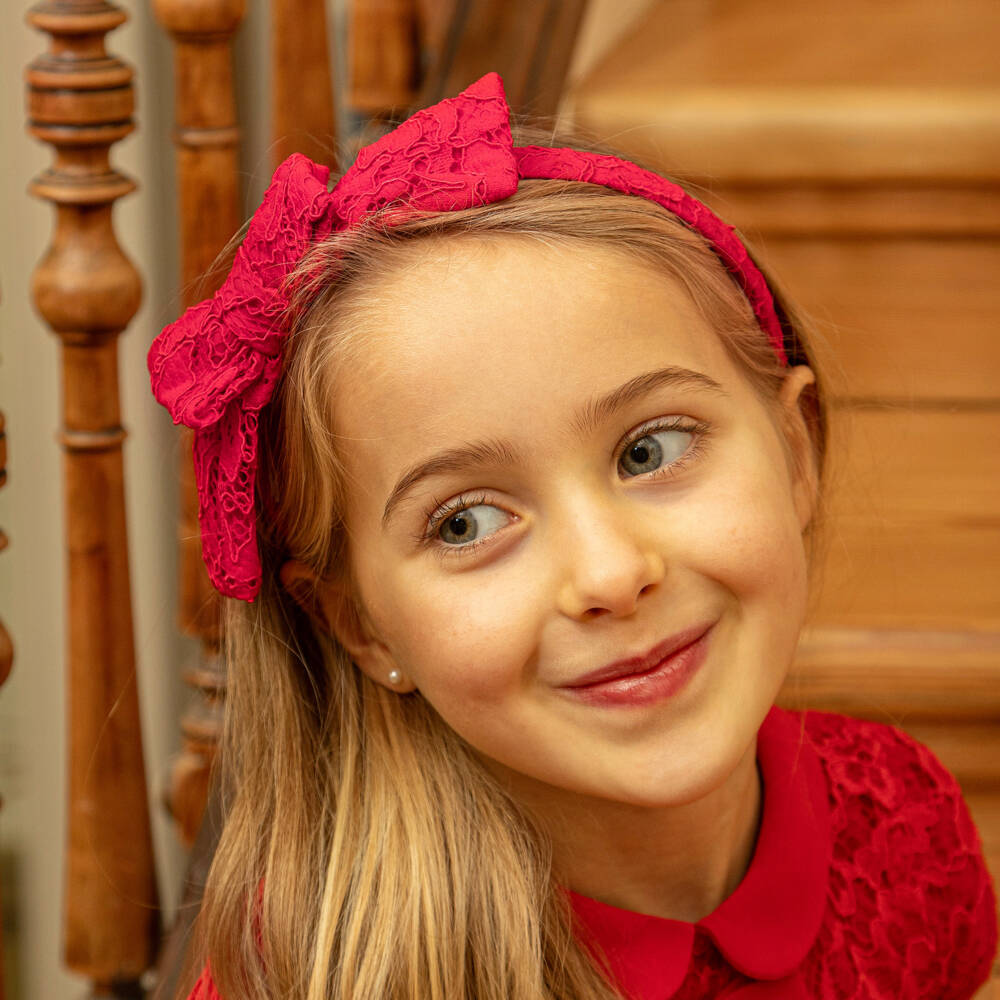 Patachou-Girls Red Hairband with Floral Lace Bow | Childrensalon
