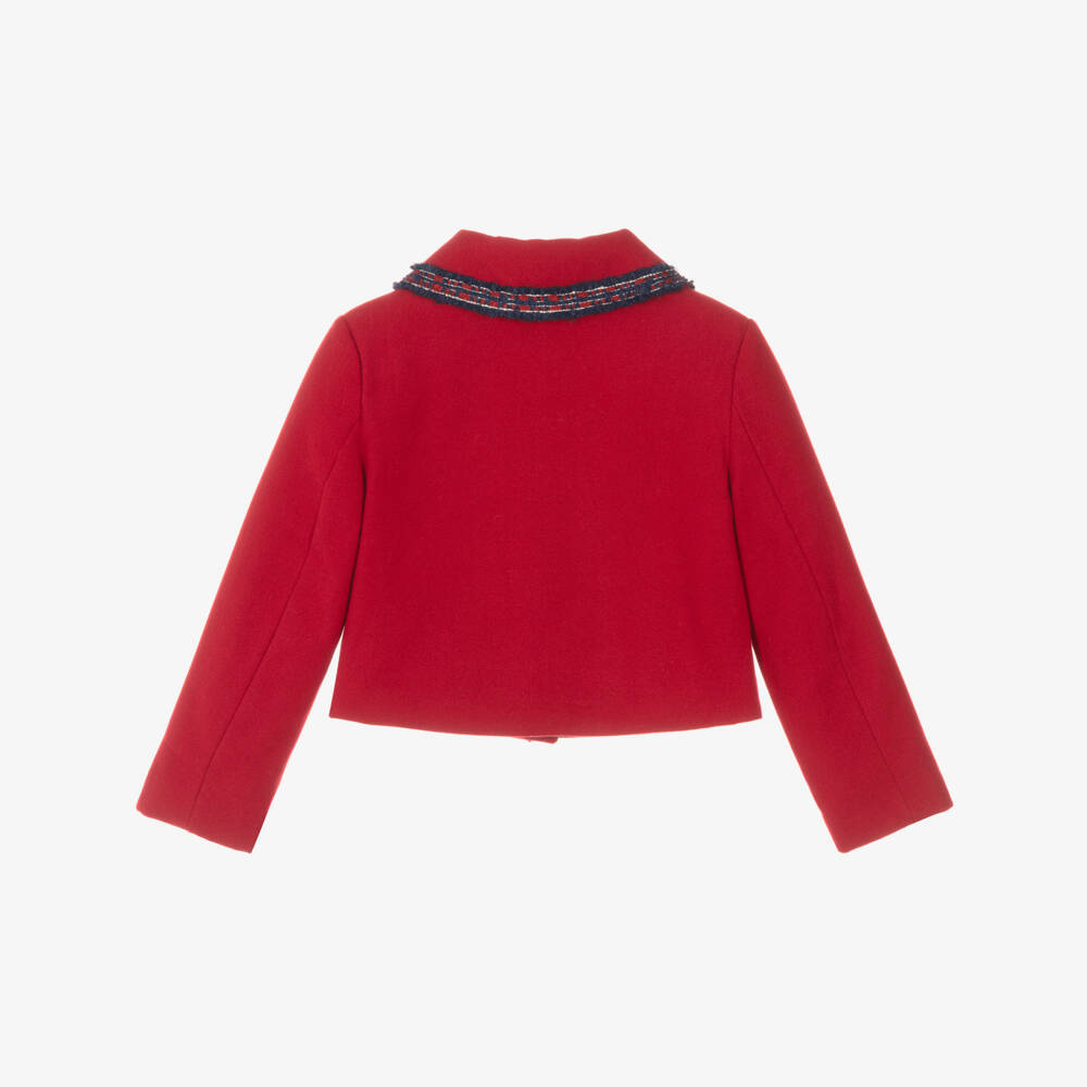 Patachou-Girls Red Jacket with Blue Tweed Trims | Childrensalon