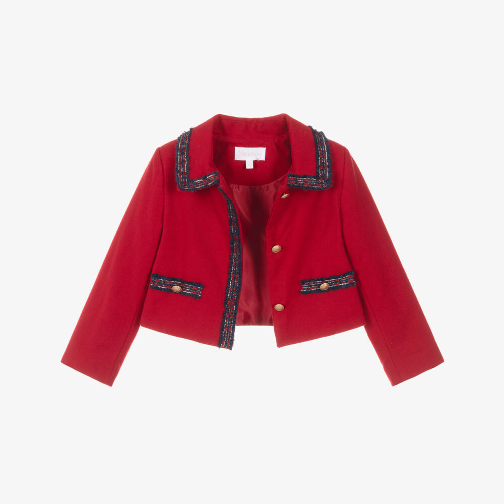Patachou-Girls Red Jacket with Blue Tweed Trims | Childrensalon