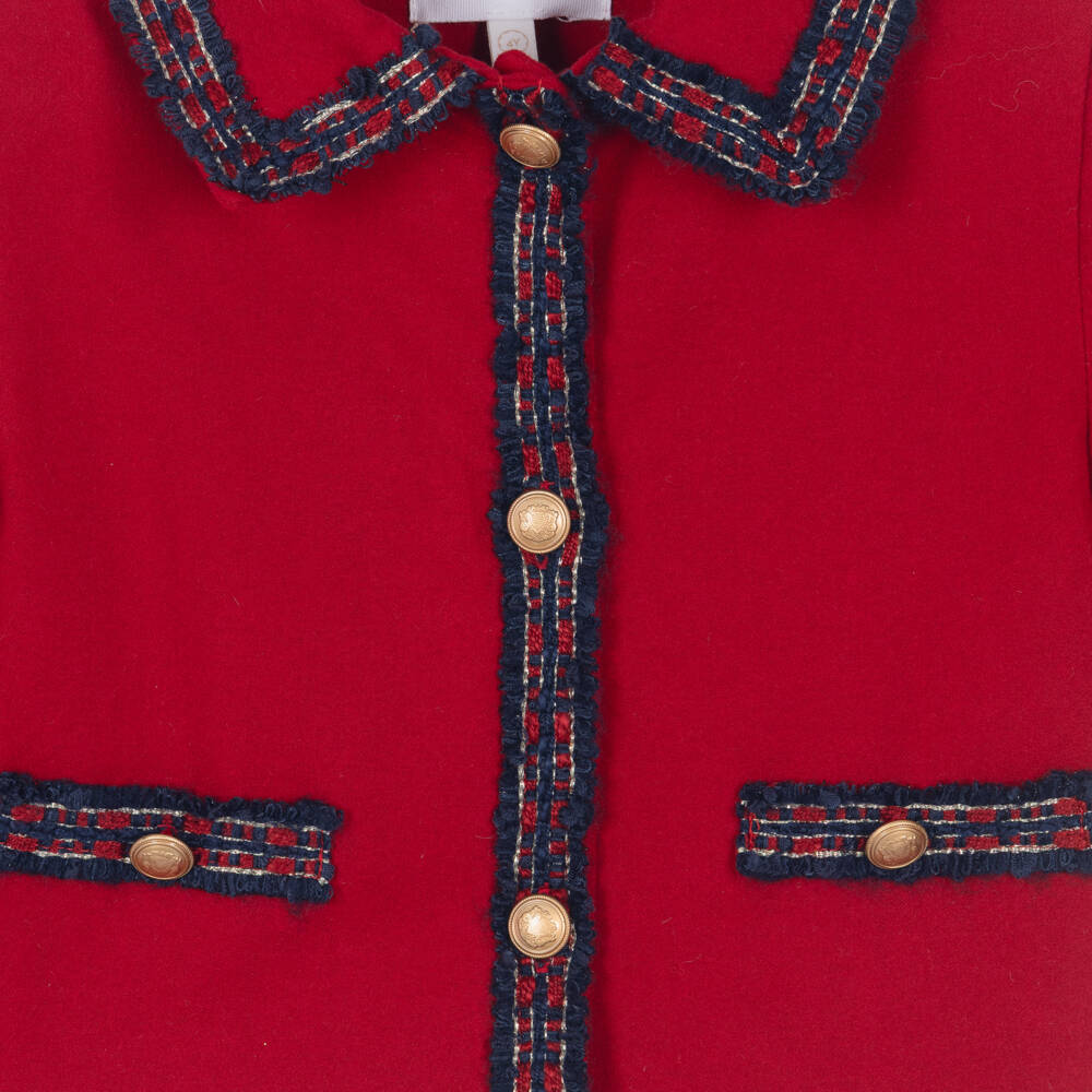 Patachou-Girls Red Jacket with Blue Tweed Trims | Childrensalon